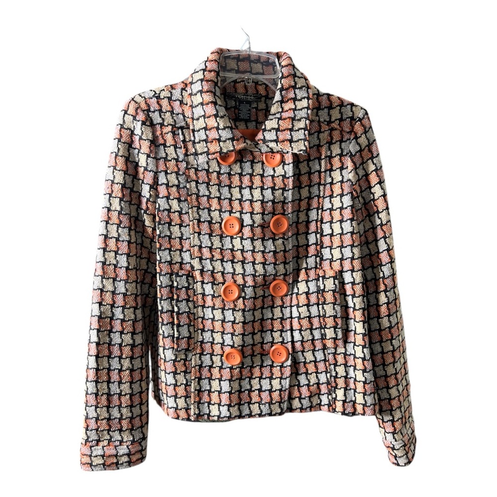 Vertigo Paris Women’s Orange/Black Retro Woven Jacket Front Side Pockets SZ L